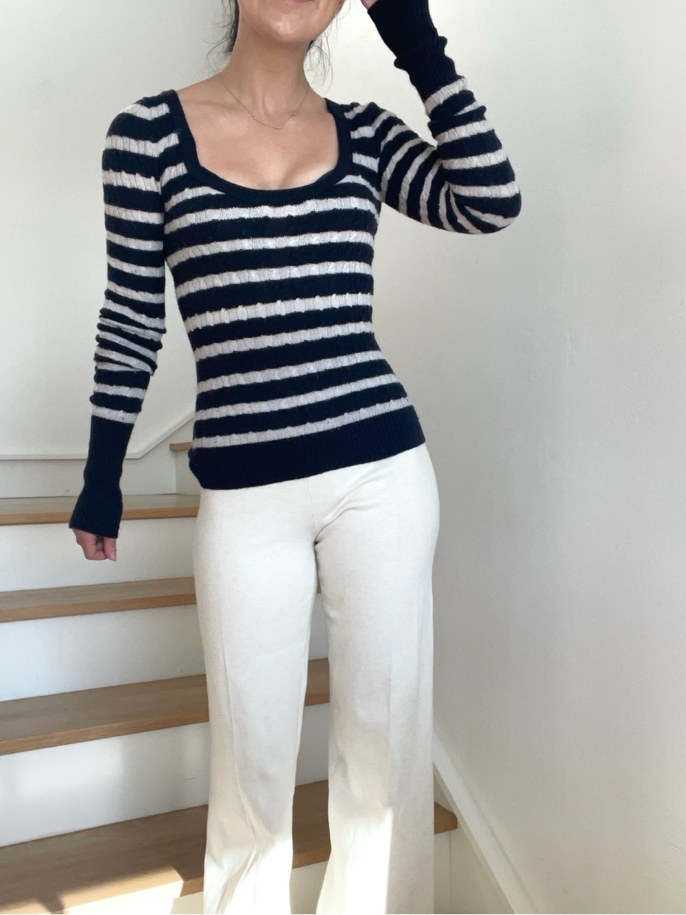 Vintage Abercrombie & Fitch Y2K 2000s Cable Knit Scoop Neck Blue Striped Sweater